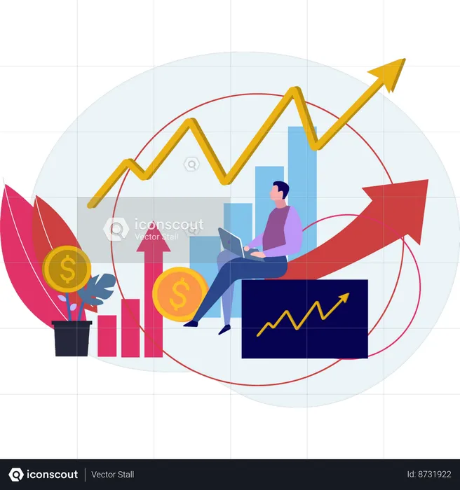 Man working on  business graph  Illustration