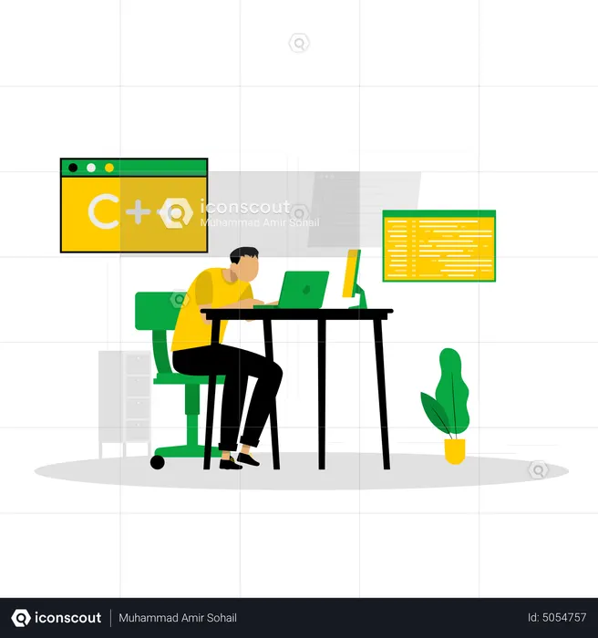 Man working on C plus plus code  Illustration