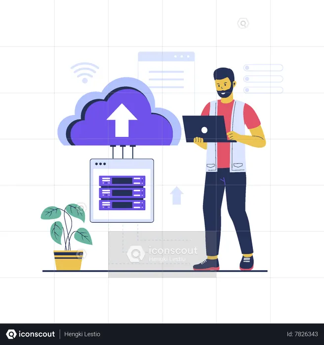Man working on cloud computing technology  Illustration