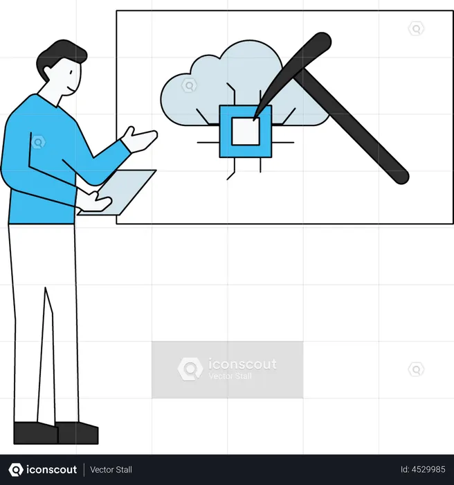 Man working on cloud mining  Illustration