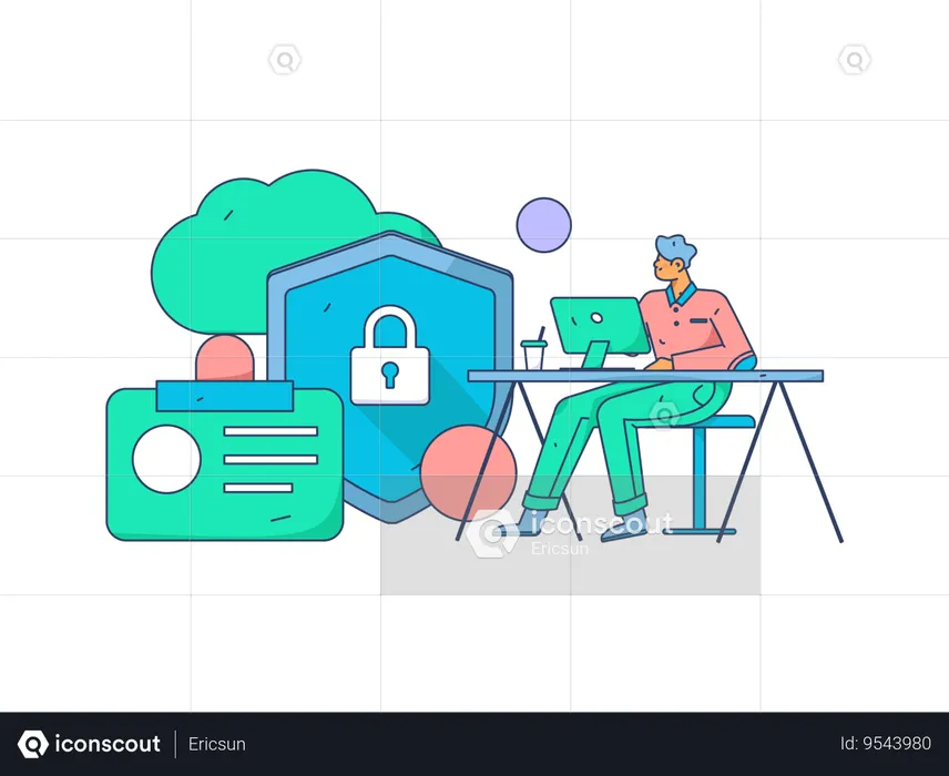 Man working on cloud security  Illustration