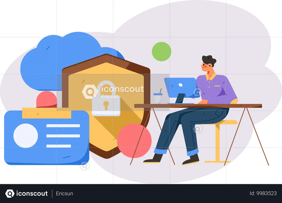 Man working on cloud security  Illustration