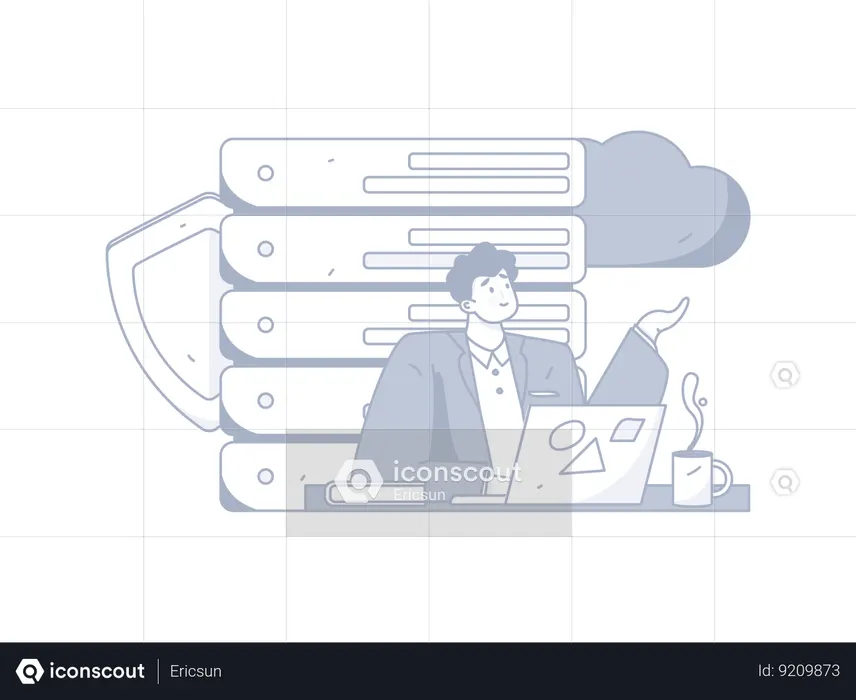 Man working on cloud server security  Illustration