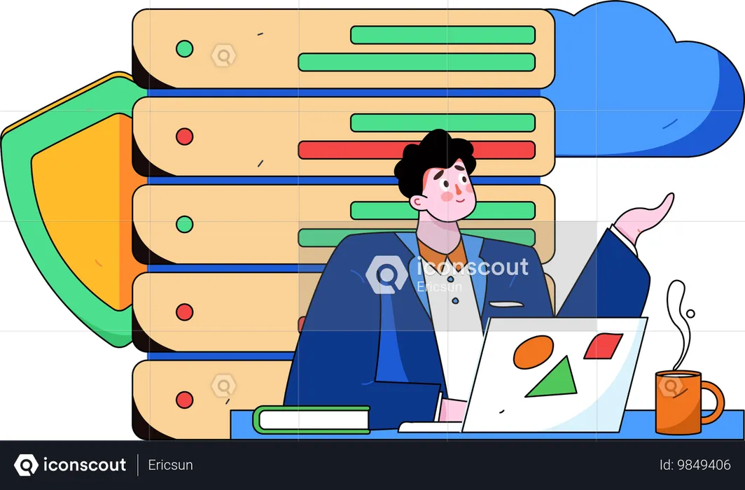 Man working on cloud server security  Illustration