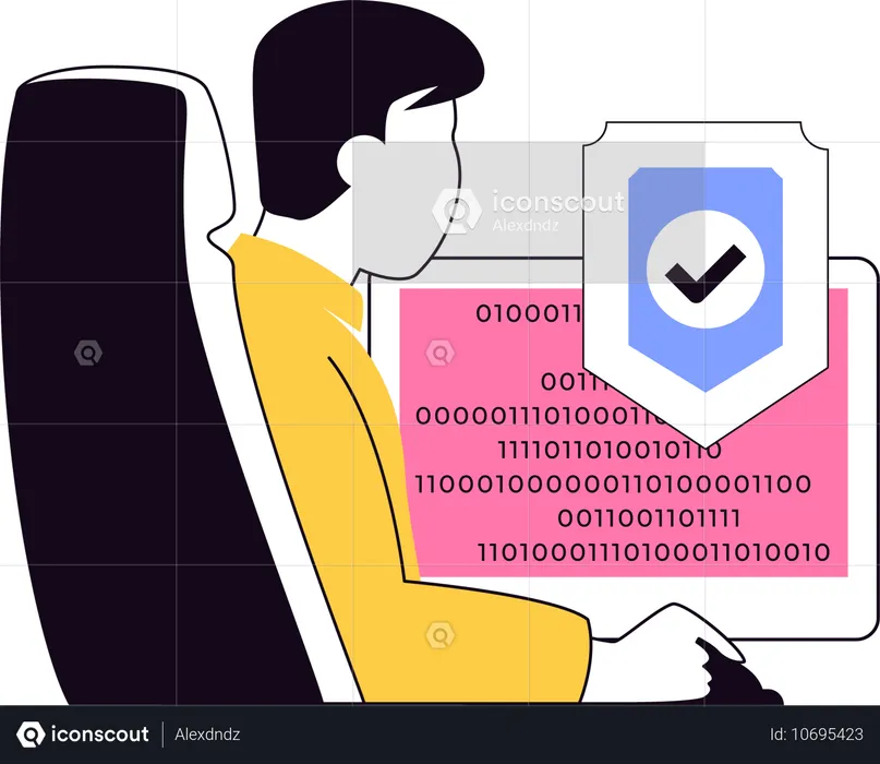 Man working on computer while protect system  Illustration