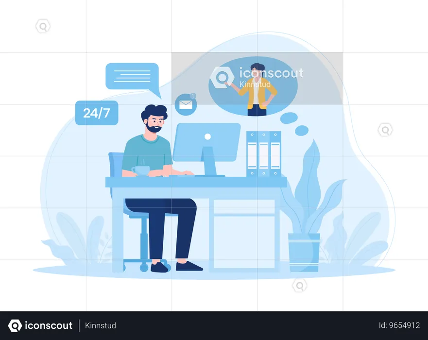 Man working on computer while provide technical support  Illustration