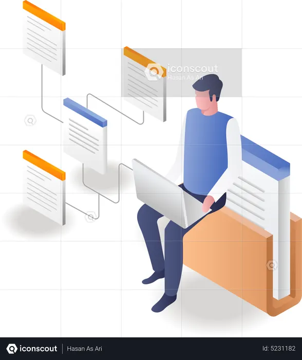 Man working on computer with data  Illustration