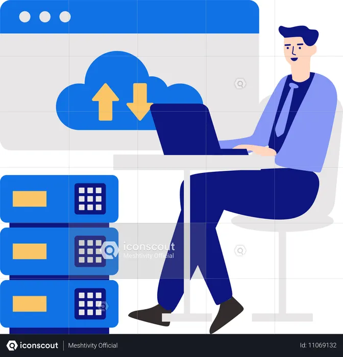 Man working on database server  Illustration