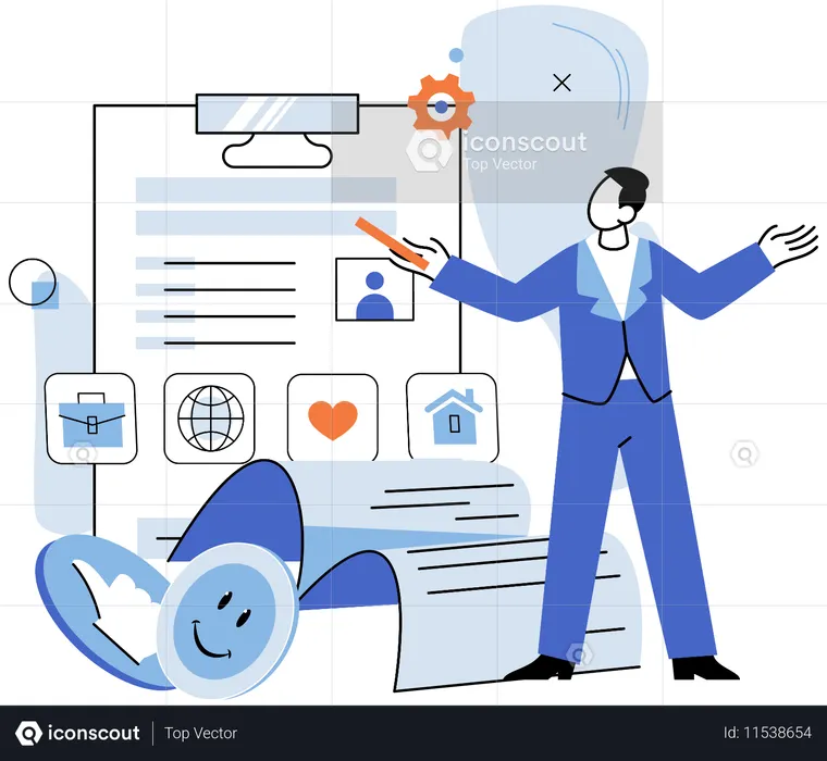 個人プロフィールの作成に取り組んでいる男性  イラスト