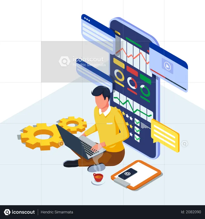 Man working on digital marketing strategy  Illustration