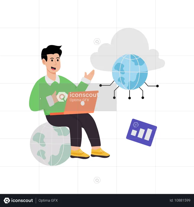 Man working on global cloud network  Illustration