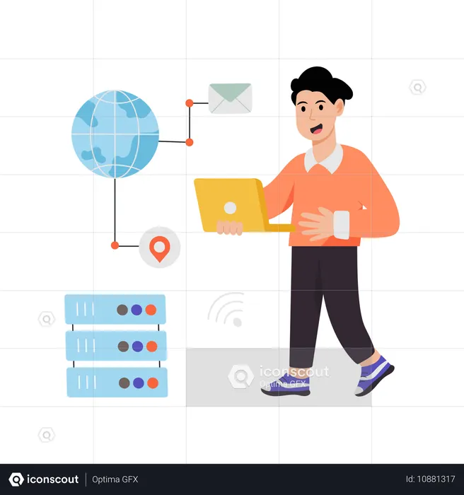 Man working on global database server  Illustration