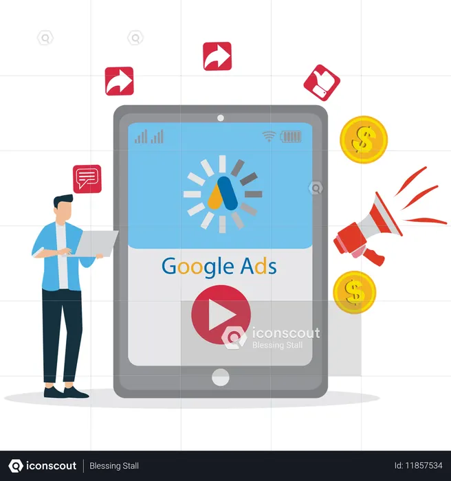 Man working on google ads video on laptop  Illustration