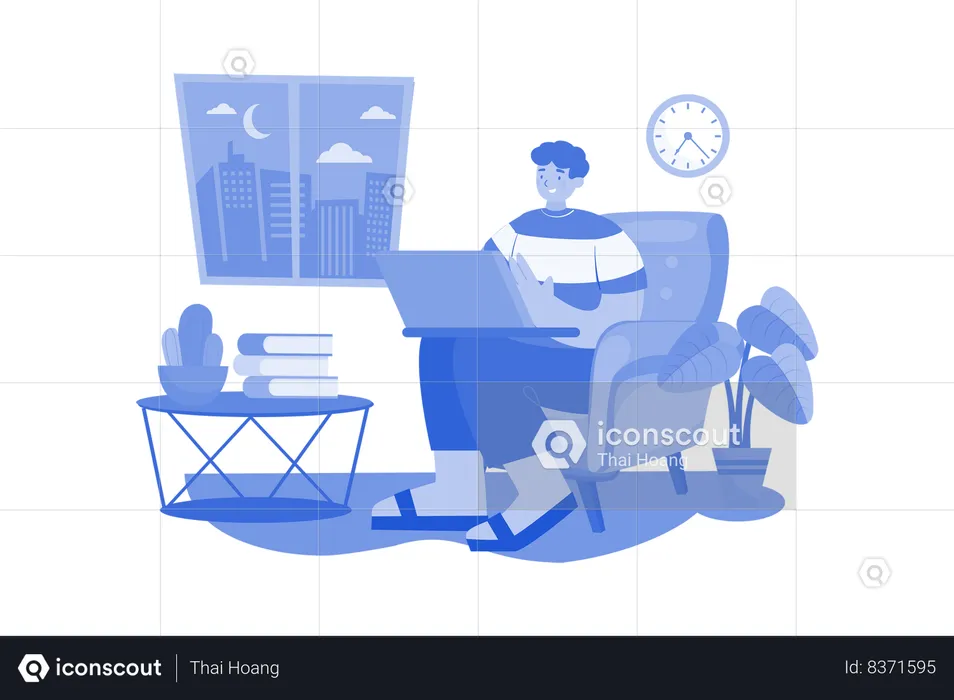 Man Working On His Laptop On The Sofa At Home  Illustration