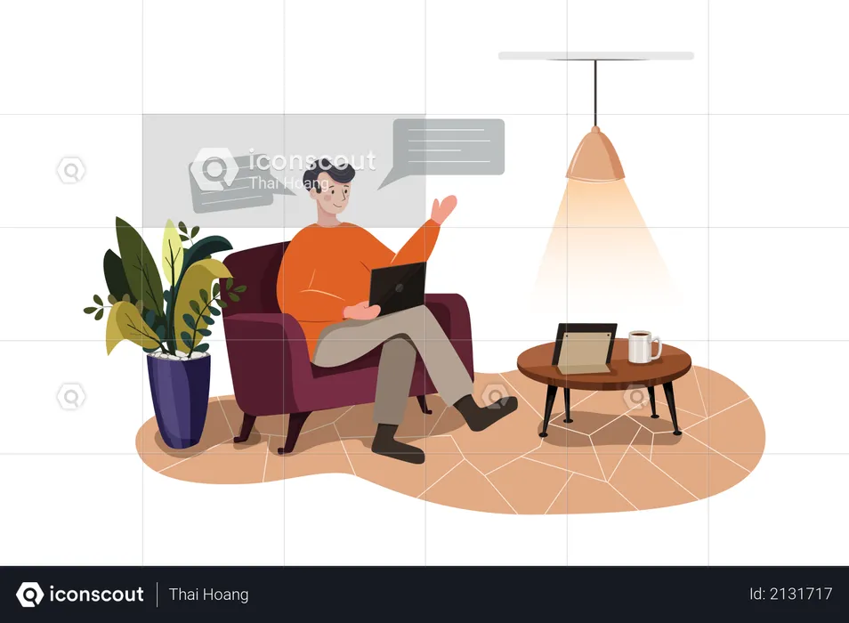 Man working on his laptop on the sofa at home  Illustration