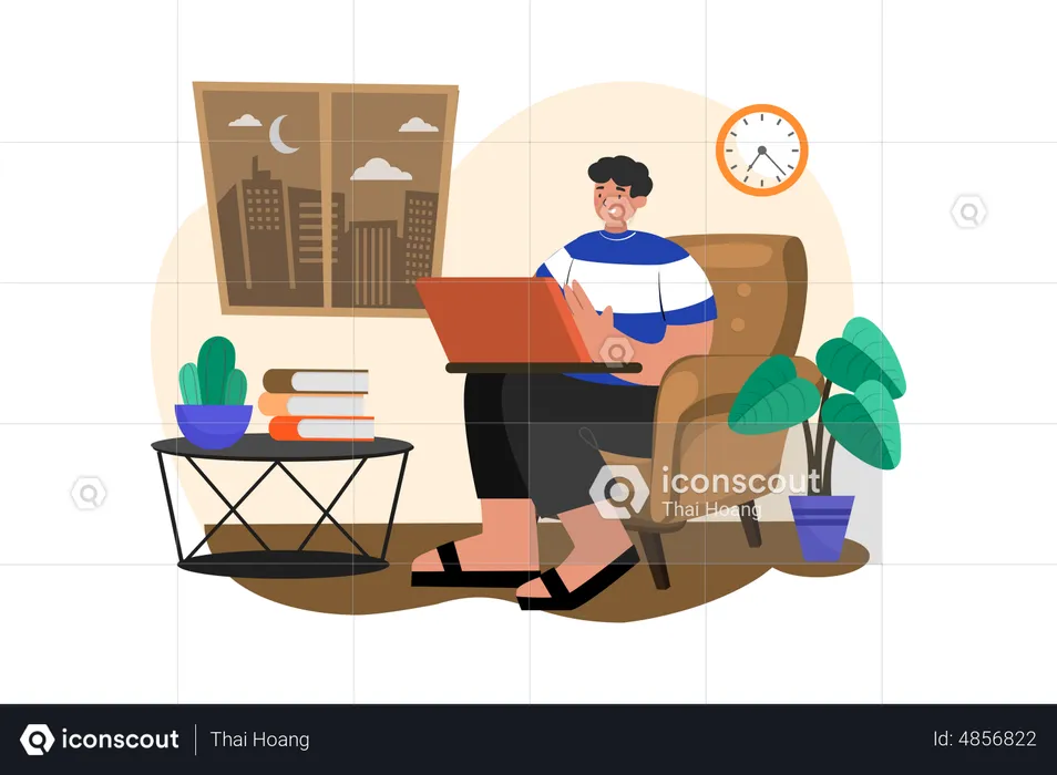 Man working on his laptop on the sofa at home  Illustration