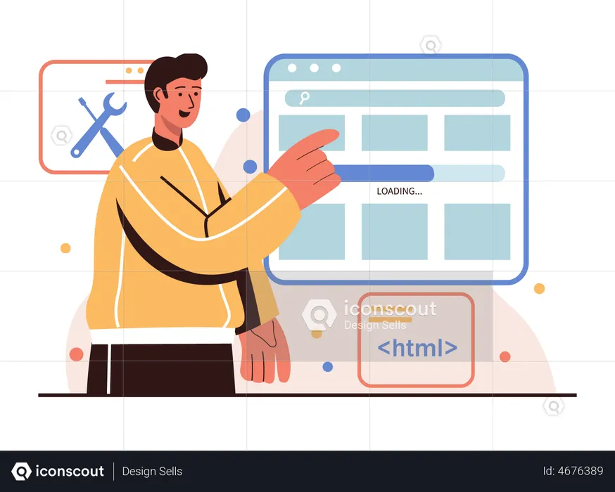 Man working on HTML development  Illustration