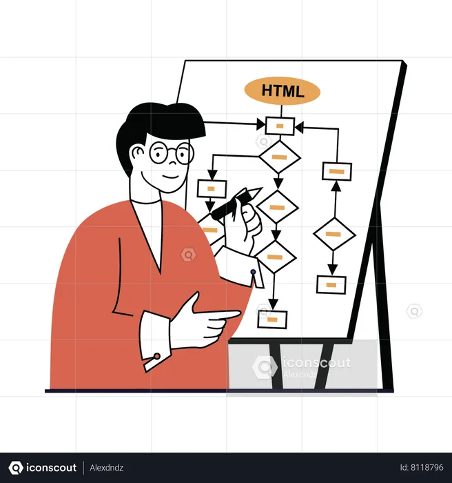 Man working on html flow chart  Illustration