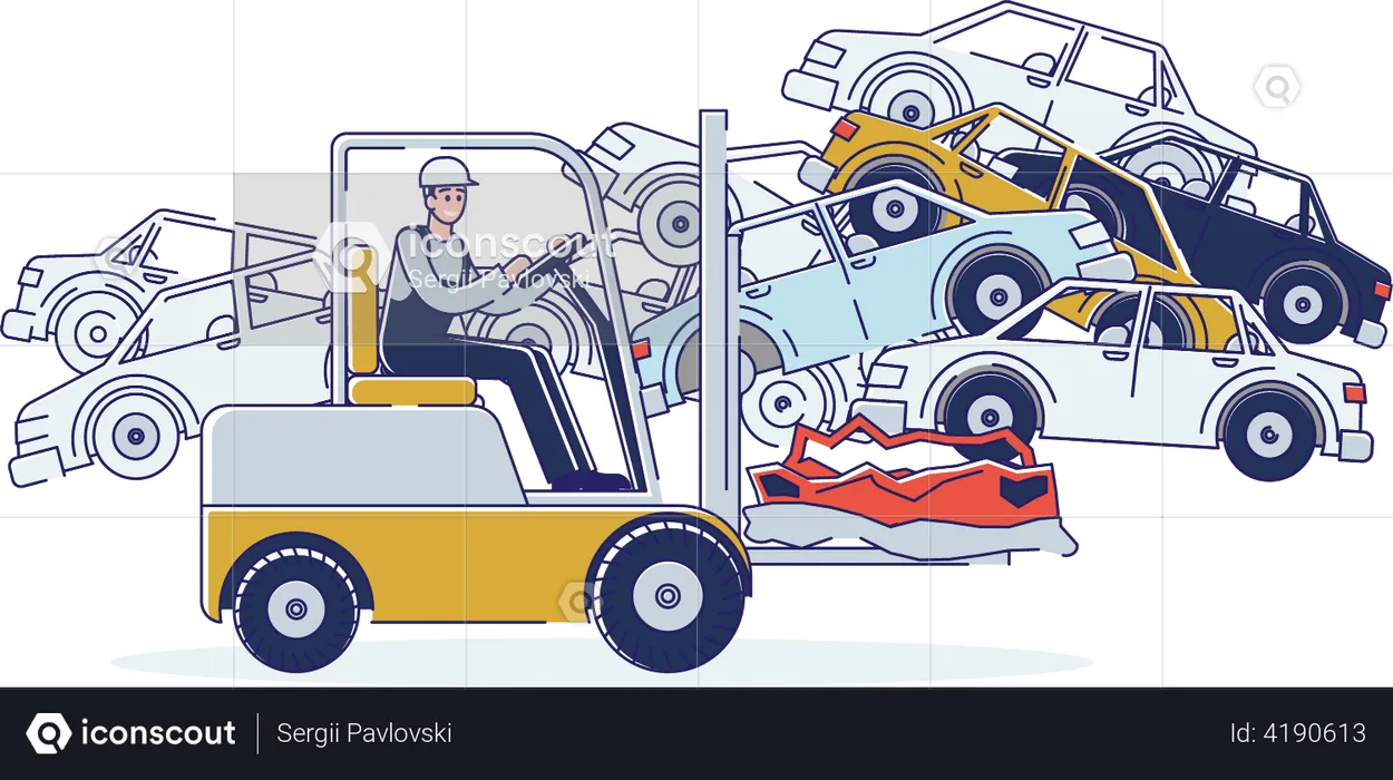 Man Working On Junkyard Sorting Old Used Automobiles and Working On Forklift  Illustration