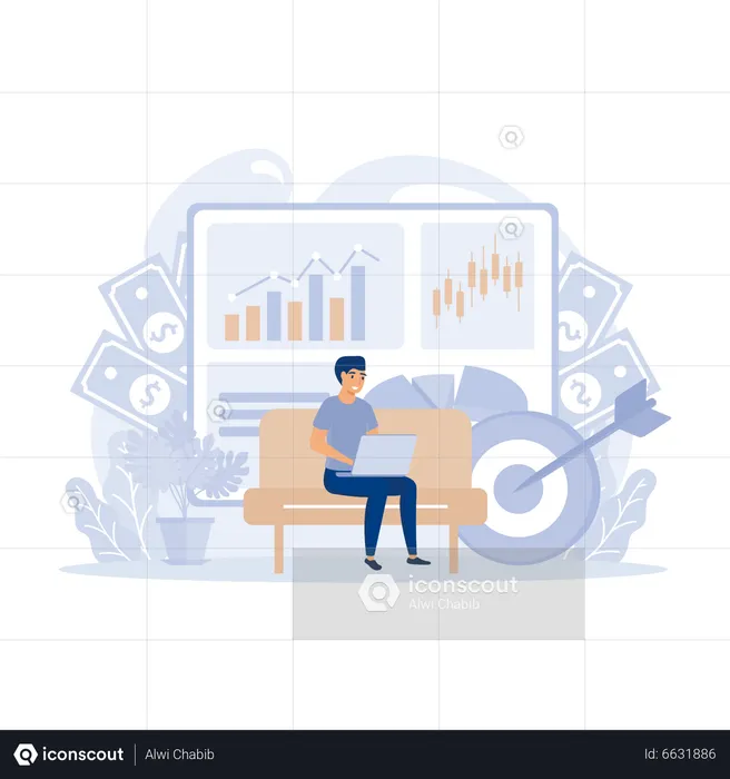 MAn working on laptop and doing financial analysis  Illustration