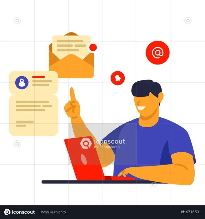 Man working on laptop and Open Mail  Illustration