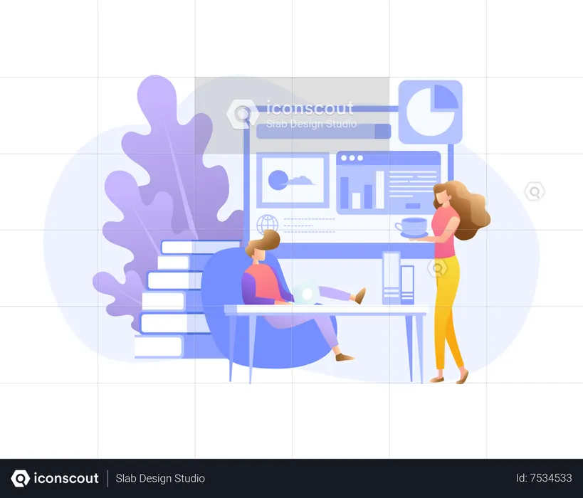 Man working on laptop and woman holding coffee cup  Illustration