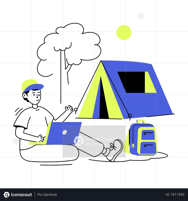 Man working on laptop at camping site  Illustration