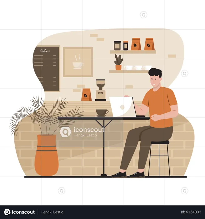 Man working on laptop at coffee shop  Illustration
