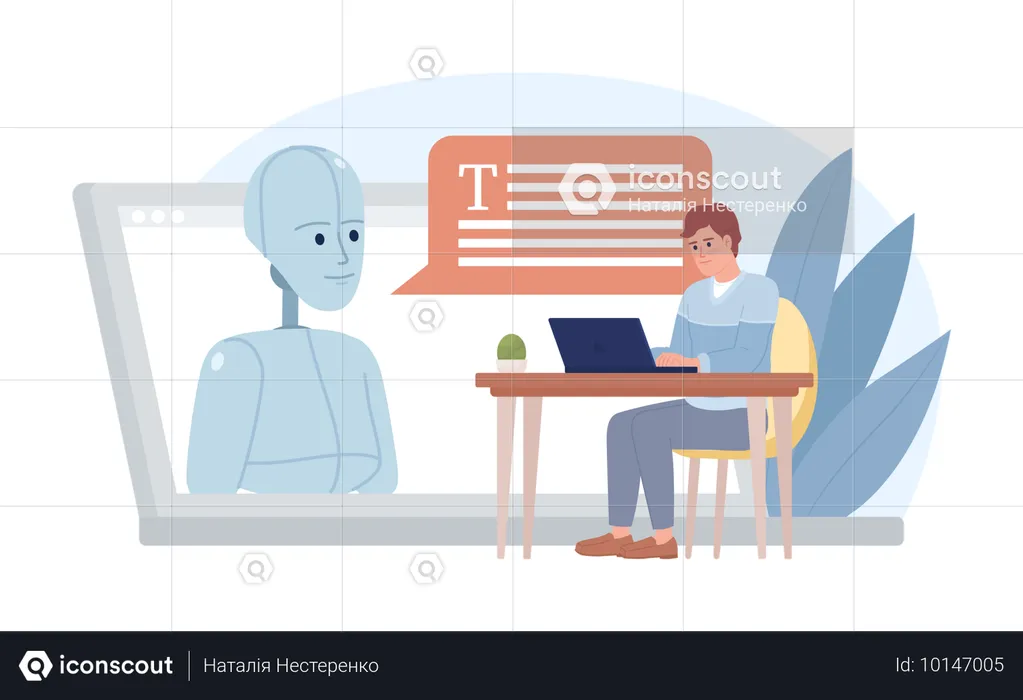 Man working on laptop for AI text generator  Illustration