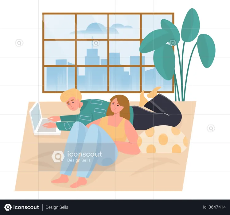Man working on laptop from home with his wife  Illustration