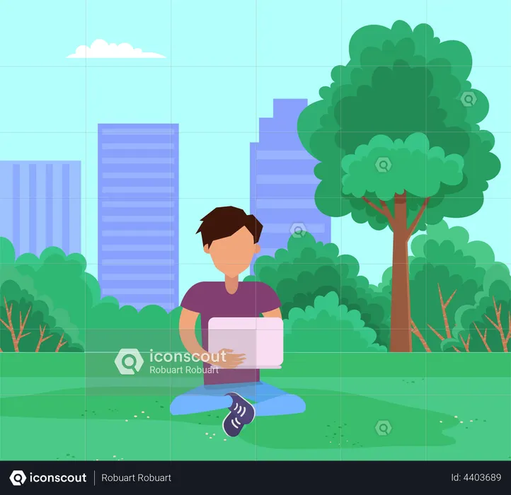 Man working on laptop in park  Illustration