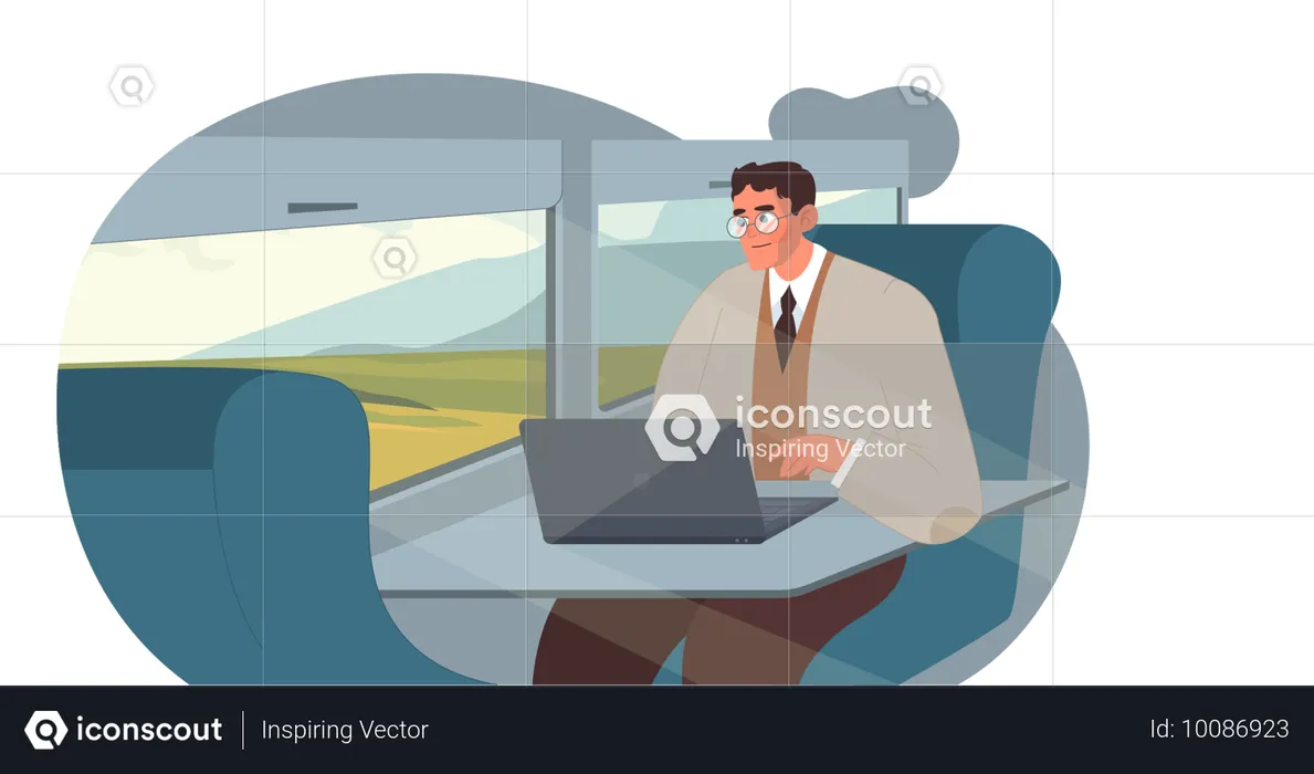 Man working on laptop in train  Illustration