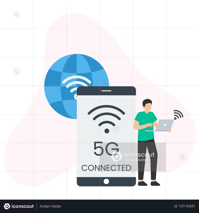 Man working on laptop using Wireless Technology  Illustration