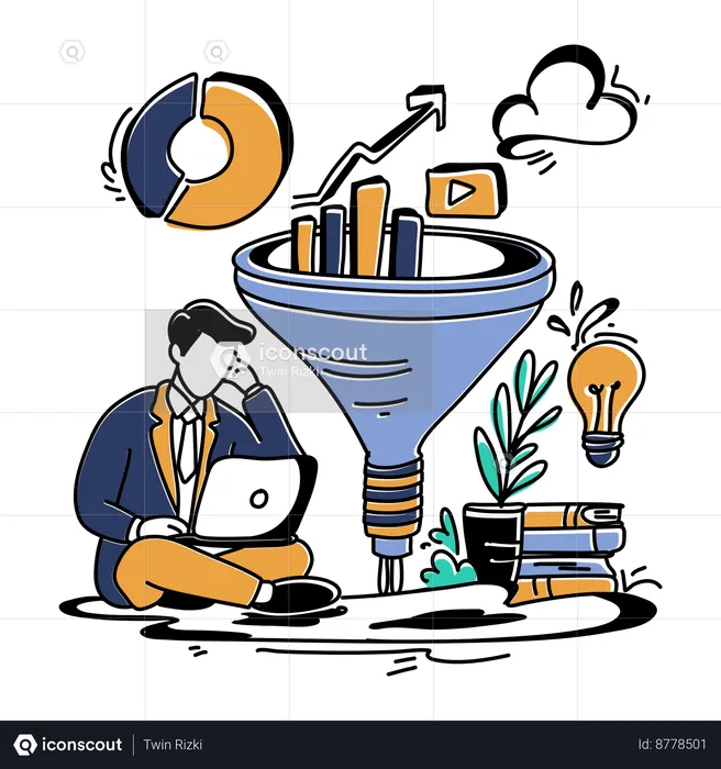 Man working on laptop while analysis marketing growth  Illustration