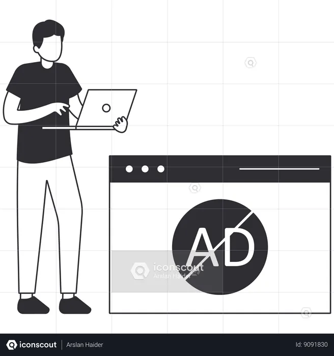 Man working on laptop while blocking AD  Illustration