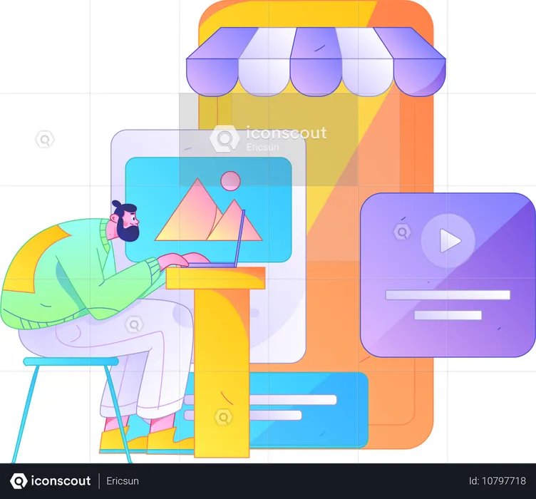 Man working on laptop while doing mobile shopping  Illustration