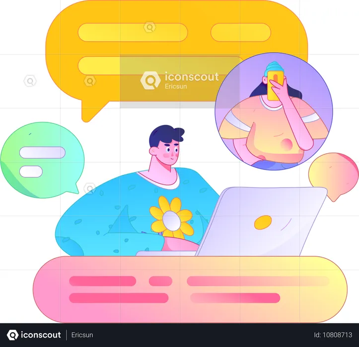 Man working on laptop while doing online chatting  Illustration