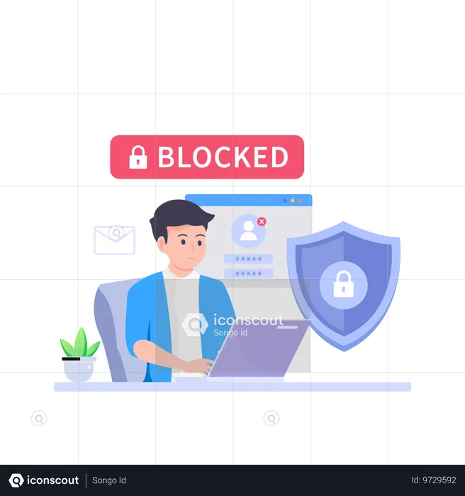 Man working on laptop while getting user blocked  Illustration