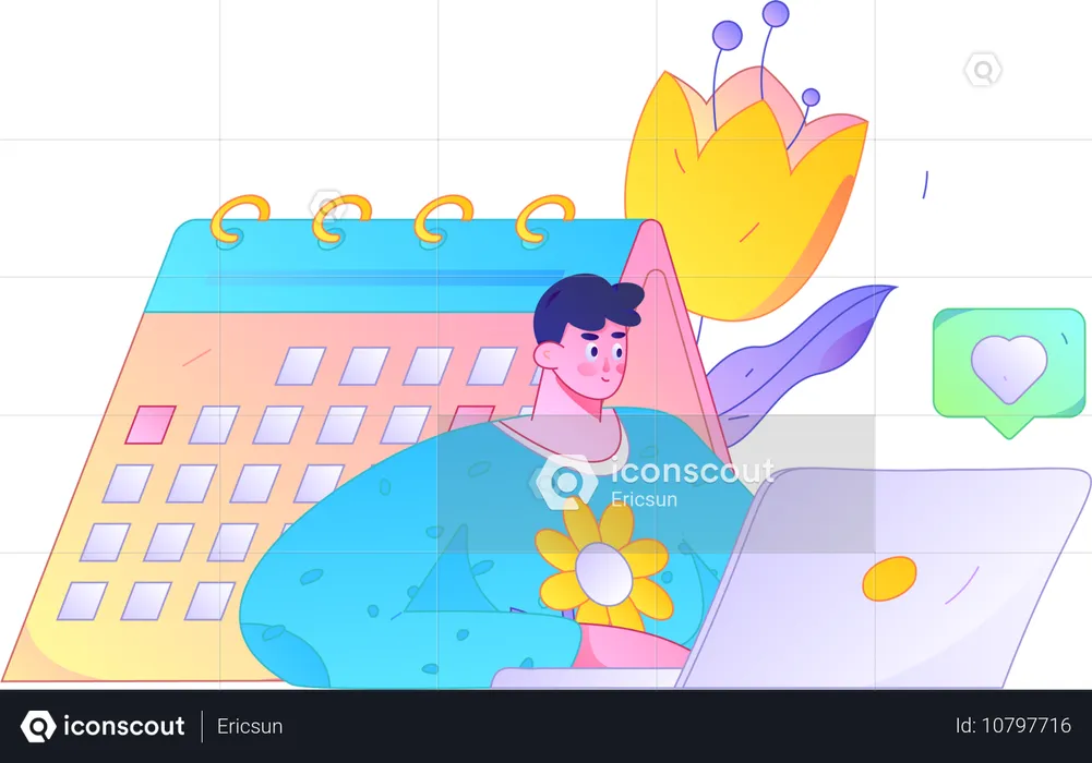 Man working on laptop while looking business calendar  Illustration