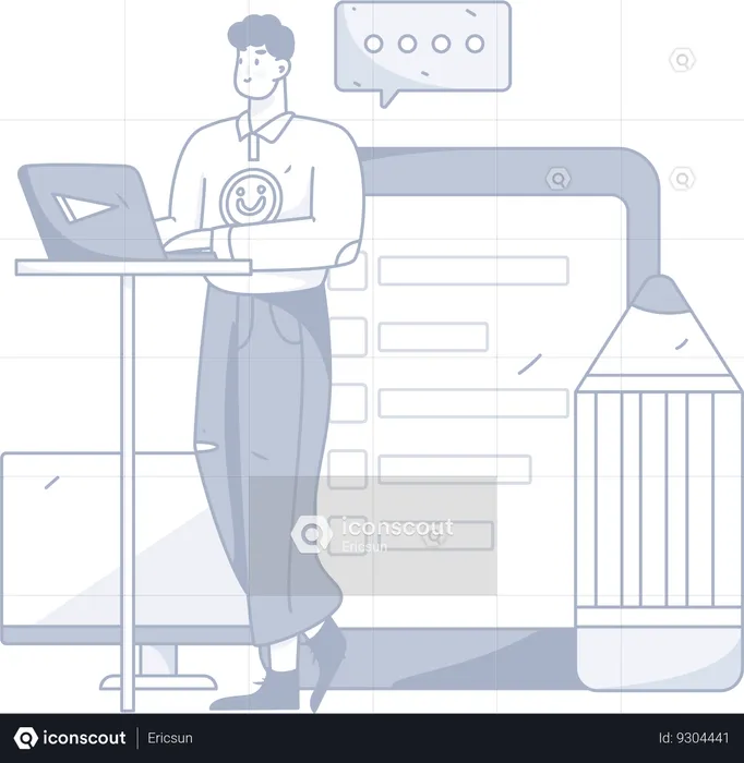 Man working on laptop while making task planning  Illustration