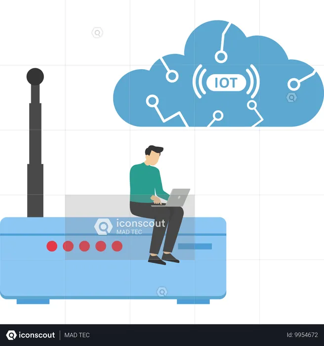 Wi-Fi 네트워크를 사용하는 동안 노트북 작업을 하는 남자  일러스트레이션