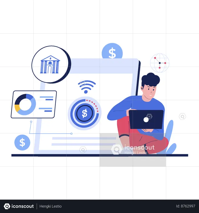 Man working on laptop while using Financial technology  Illustration