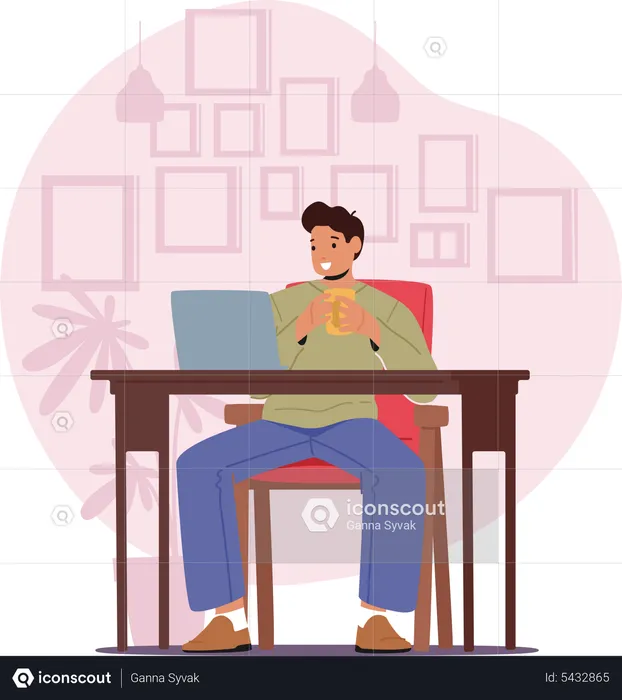 Man Working on Laptop with drinking coffee  Illustration