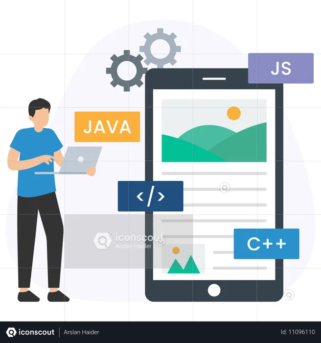 Man working on mobile coding  Illustration