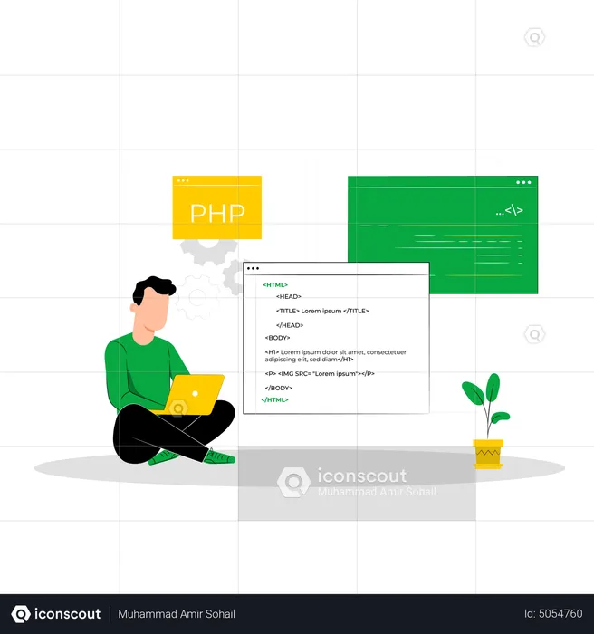 Man working on PHP code  Illustration