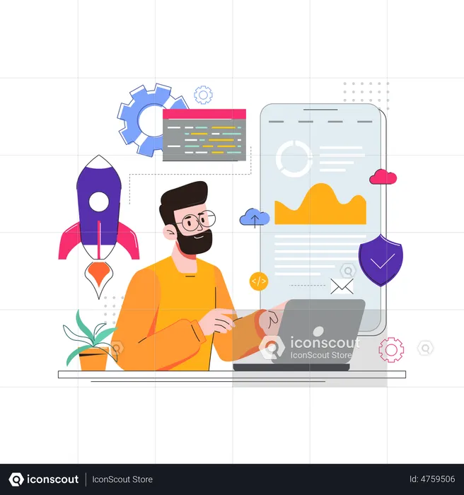 Man working on responsive web development  Illustration