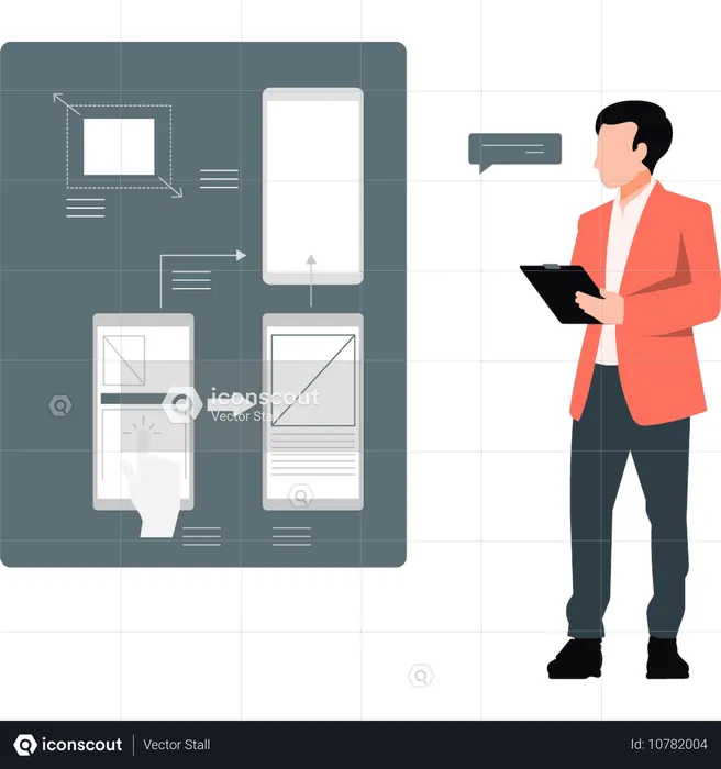 ウェブサイトのUI UXデザインに取り組んでいる男性  イラスト