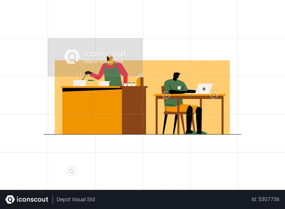 Man working online while woman cooking  Illustration