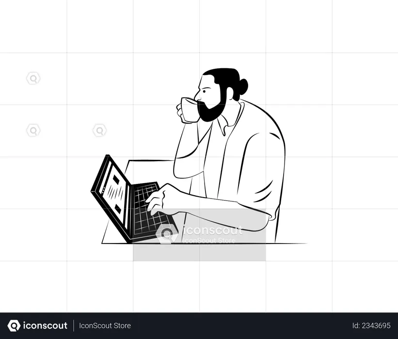 Man working remotely and drinking coffee  Illustration