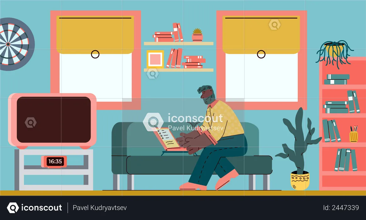 Man working remotely from home using laptop  Illustration